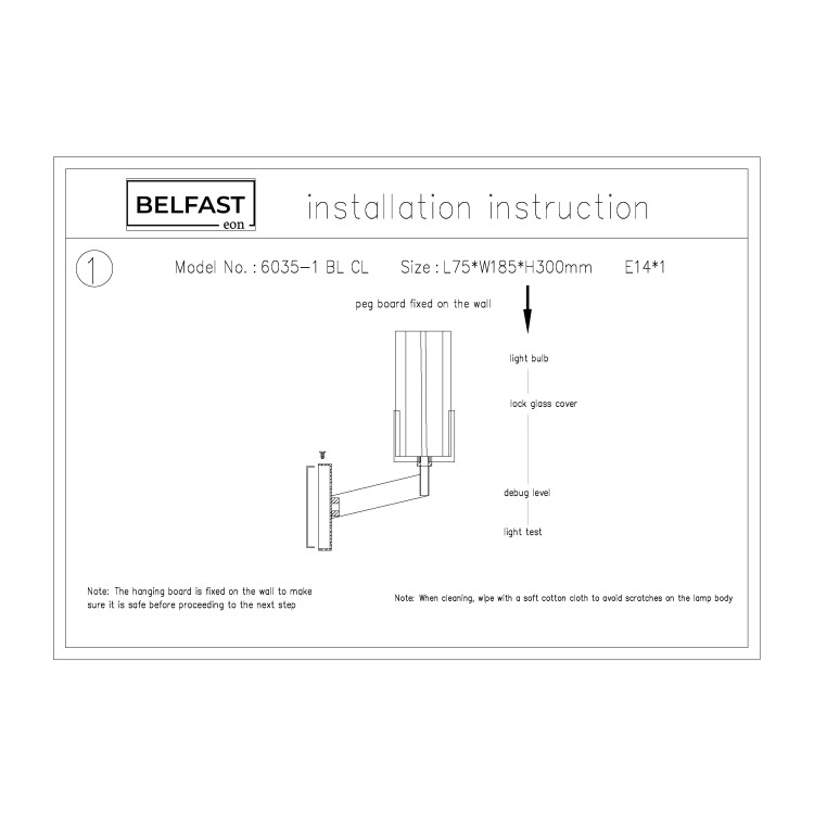 Настенный светильник Belfast Malone 6035-1 BL CL Черный / Стекло