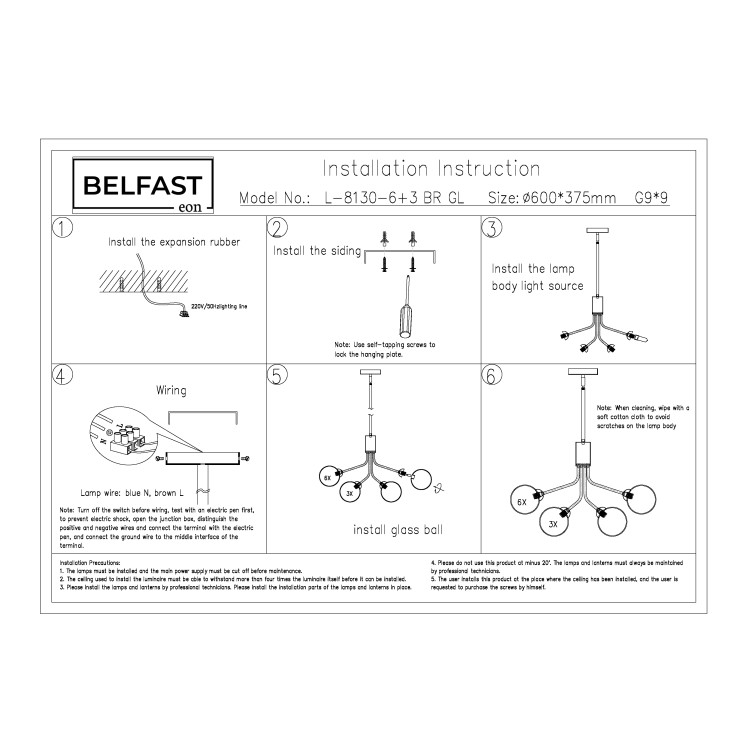 Подвесная люстра Belfast Bryson L-8130-6+3 BR GL Латунь / Стекло